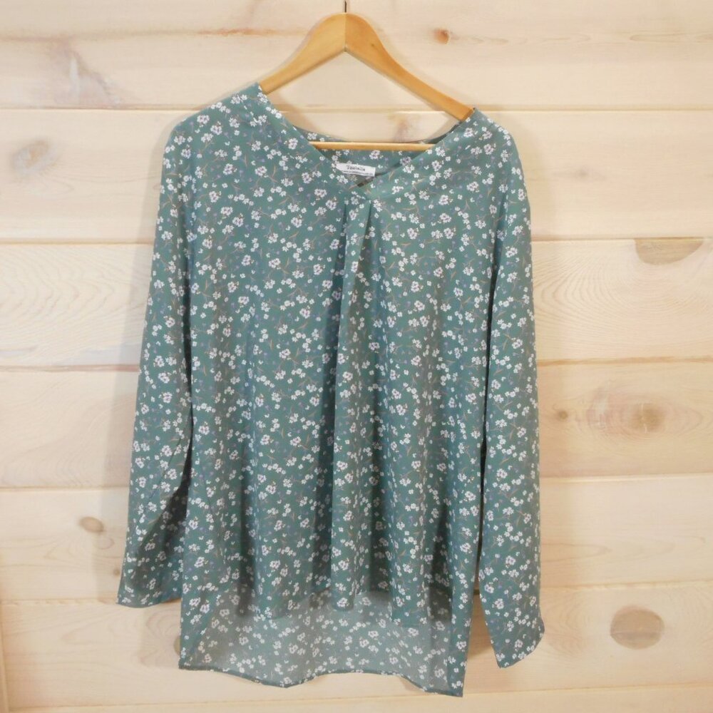 Youtalia Women's size XXL Blouse Sage Green Floral Print V-neck Roll-Tab Sleeve